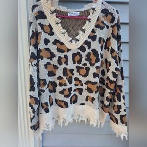 Made With Love By FCT Distressed Raw Hem Edge Sweater Animal Print SIZE 2X